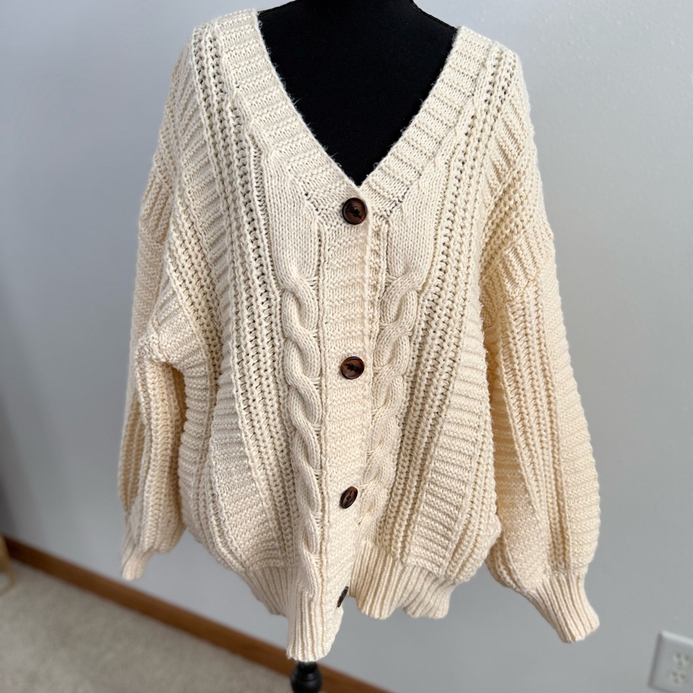 Chunky Cable Knit Grandpa Cardigan Large Cream Oversized Fisherman Sweater